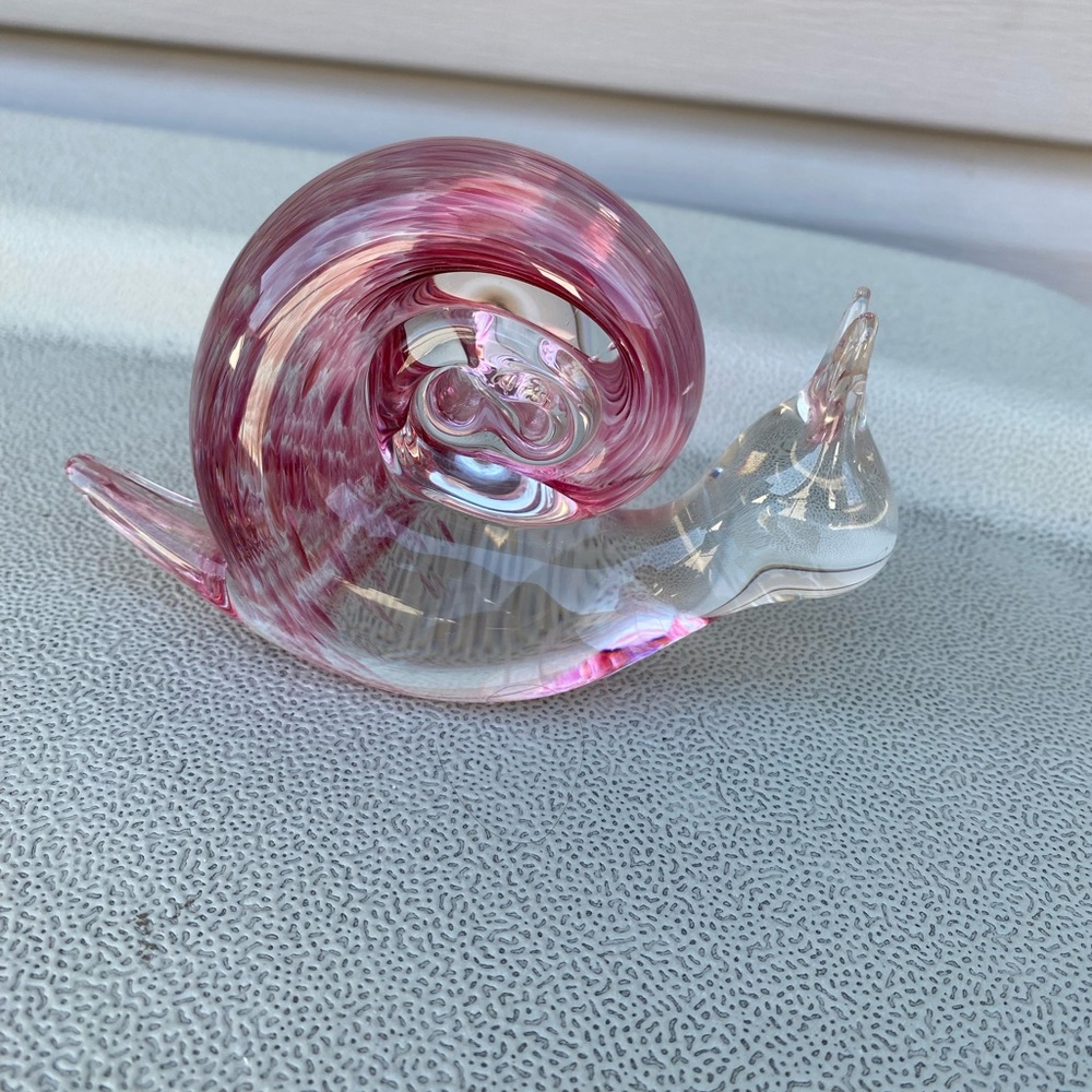 Wedgwood Art Glass Snail Paperweight. England. Pink Swirl. Marked on Bottom